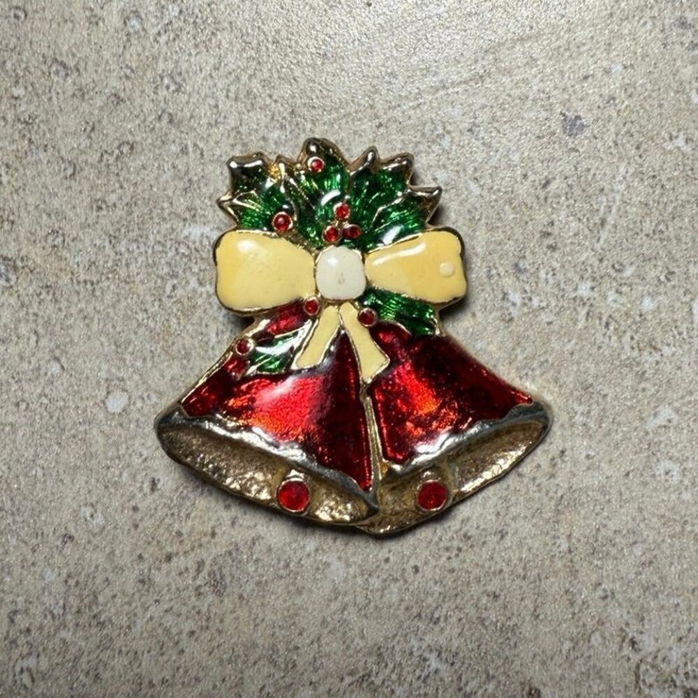SKU3163 Vintage Enamel Christmas Bell Holiday Brooch Pin (Gold & Red, 1.5 Inch)